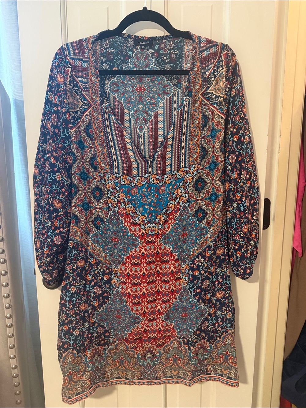 Tolani Long-Sleeve Boho Print Tunic Dress in Blue, Red, Teal